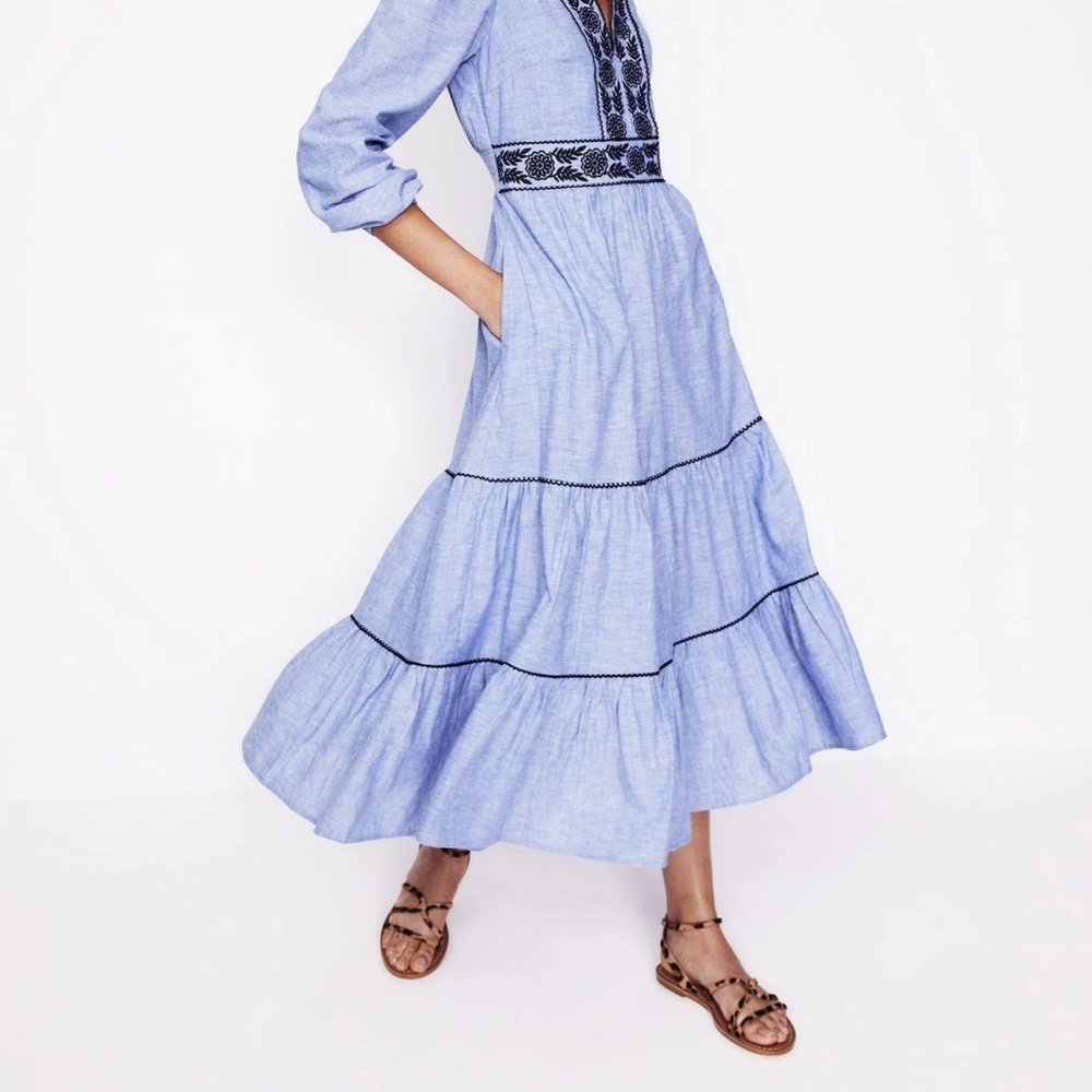 Boden Light Blue Long Sleeve Embroidered Tiered Maxi Dress